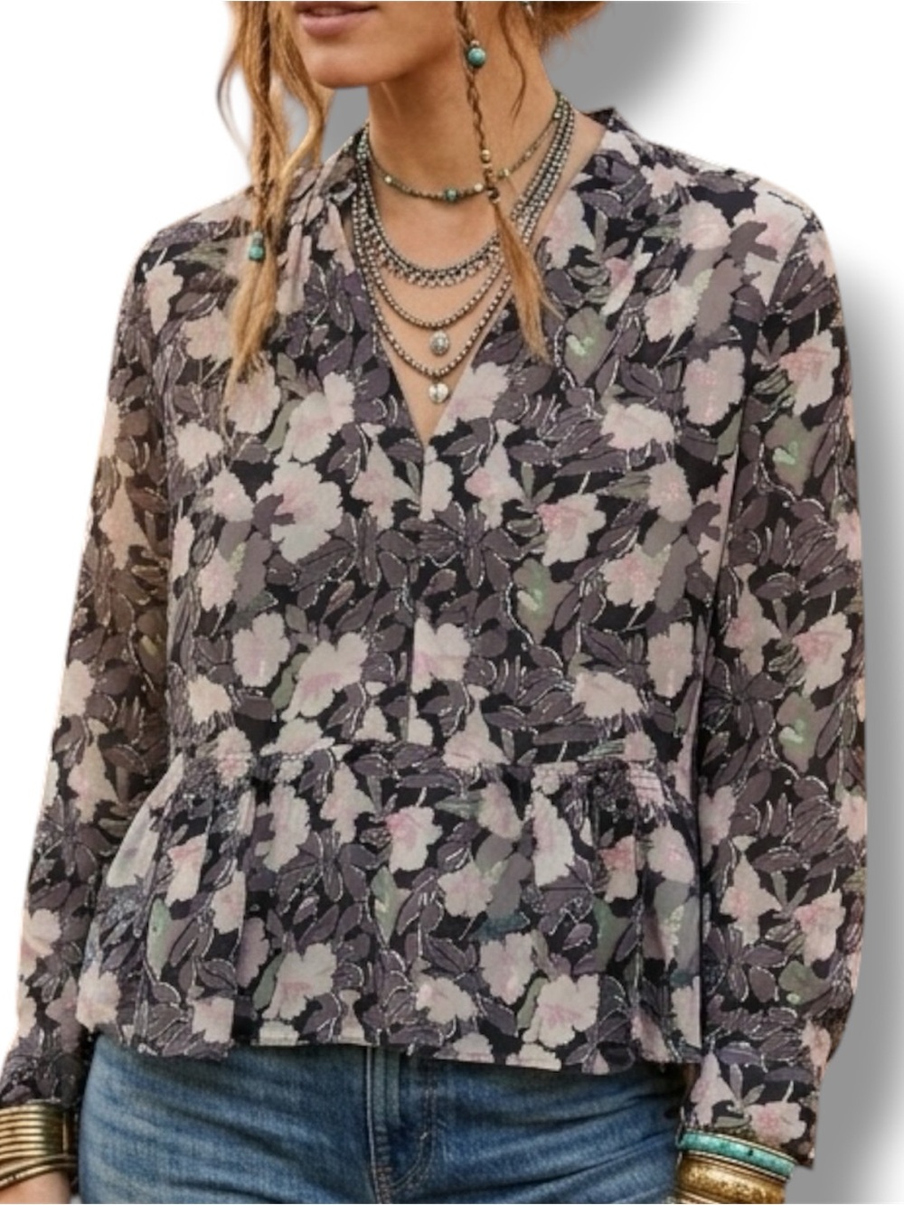 Rebecca Taylor EUC “Eclipse” 100% Silk Moody Floral Peplum Blouse Size 4